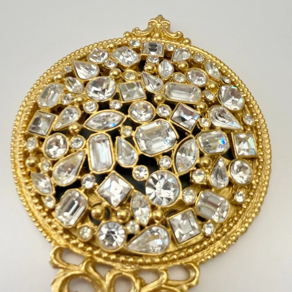 Kirks Folly Clear Rhinestone Crystal Jeweled Golden Small Vanity Hand Mirror
